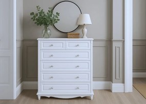 Biała komoda do salonu, komoda do sypialni Eugenie. 4 pojemne szuflady, 2 małe szufladki, frezowane fronty. Białe meble w stylu angielskim.