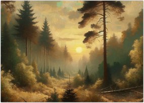Obraz na szkle - Słońce świecące przez las (70x50 cm)
