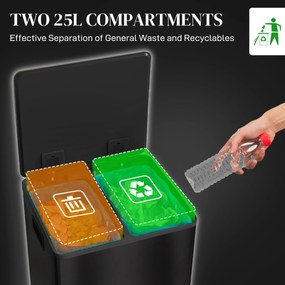 HOMCOM Kosz na śmieci z 2 komorami 25L, Pokrywa Soft-Close, Odporny na Odciski, Stal Nierdzewna, Czarny