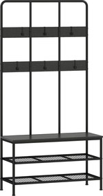 HOMCOM 3-w-1 Wieszak, haki na odzież, ławka, regał na buty, metal, płyta wiórowa, Czarny