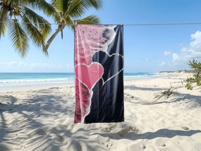 Ręcznik plażowy szybkoschnący SEA OF HEARTS różowo-czarny 70 x 140 cm, 100% mikrofibra