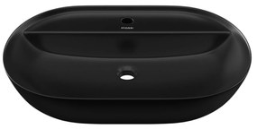 Umywalka ceramiczna nablatowa owalna czarna z otworem i z półką na mydło 60 x 41 cm DECOS Black z rantem Slim