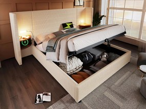 Łóżko 160x200cm z weluru żebrowego - 2 stoliki nocne z lampką do czytania i funkcją ładowania - z stelażem na listwy - Beżowy