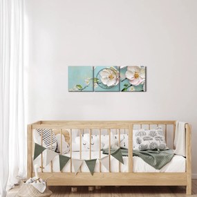Obraz - Kwiatki na niebieskim tle (z zegarem) (90x30 cm)