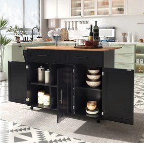 Wyspa centralna na kółkach - 129 x 46/71 x 91,5 cm - blat składany - z 3 drzwiami + 2 szufladami - MDF - czarny