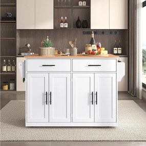 Biały wózek kuchenny - Wyspa kuchenna z kółkami i drewnianymi nogami - składany blat - 2 szuflady i 4 drzwi