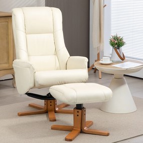 HOMCOM Fotel Wypoczynkowy z Podnóżkiem, Funkcja Leżenia, Pokrycie Skóra Ekologiczna, do 150 kg, 71 x 84 x 102 cm, kolor Kremowy