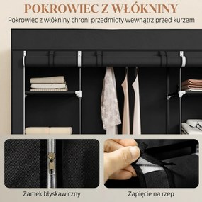 HOMCOM Szafa z włókniny Czarna Składana z 9 półkami i wieszakiem na ubrania 150x43x1625cm | Aosom PL