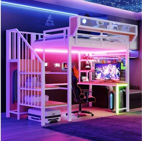 Łóżko piętrowe metalowe - 90 x 200 cm - z biurkiem + półką i siatką na rzeczy + drabinką + diodami LED + gniazdkiem elektrycznym - białe