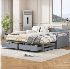 Łóżko wysuwane 90/180 x 190 cm z 2 szufladami dla dzieci - Sosna + sklejka + MDF - kolor szary