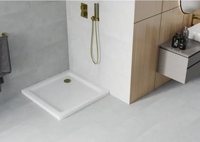 Mexen Flat brodzik kwadratowy slim 90 x 90 cm, biały, syfon złoty - 40109090G