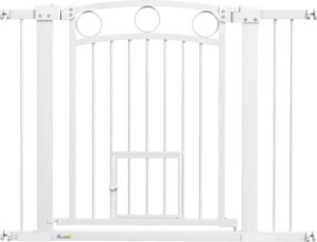 PawHut Bramka zabezpieczająca dla zwierząt, 77 cm, regulowana szerokość 76-104 cm, z drzwiami dla kota, do schodów i drzwi, biały