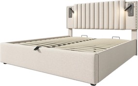 Łóżko z pojemnikiem na pościel 160x200 cm - z zagłówkiem, USB/typ C, stelaż - materiał - beżowe - materac w cenie