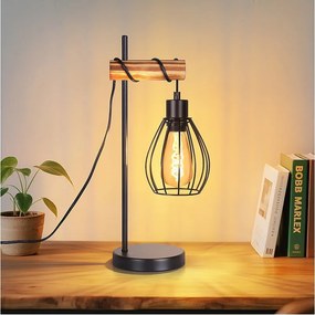 NETTLIFE Lampa stołowa do salonu, vintage, lampa stołowa, drewno: czarna, lampka nocna, 1 żarówka, industrialny design, metalowa, gniazdo E27, bez żarówki