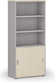Szafa biurowa kombinowana PRIMO GRAY, drzwi przesuwne na 2 poziomach, 800 x 420 x 1781 mm, szary/brzoza