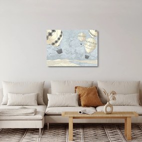 Obraz na szkle - Balony nad miastem, zimne odcienie (70x50 cm)