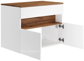 Szafka pod umywalkę wisząca z oświetleniem LED i blatem - Biały i naturalny ciemny - szer. 80 cm - POZEGA