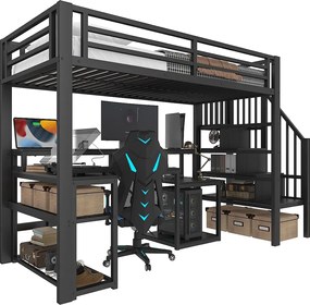 Łóżko piętrowe dla dzieci - 90 x 200 cm - rama żeliwna - z półką + drabinka + diody LED + biurko + port USB - metalowe - czarne