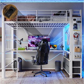 Łóżko piętrowe 90x200 cm - Łóżko młodzieżowe z biurkiem i 4 szufladami, oświetleniem LED i portem USB - białe - materac nie jest wliczony w cenę