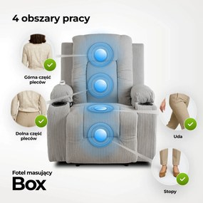 Fotel Masujący BOX Rozkładany Wypoczynkowy z Podnóżkiem Szary Sztruksowy Nowoczesny