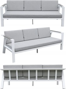 Zestaw mebli ogrodowych biały aluminium sofa fotele stolik drewniane detale