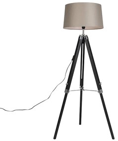 Lampa podłogowa czarna klosz lniany szarobrązowy 45cm - TripodPrzemysłowy Oswietlenie wewnetrzne