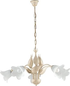 Olga – żyrandol z lakierowanego żelaza w kolorze kości słoniowej, dekor stare złoto, klosze z białego szkła alabastrowego Ø14 cm, 5 świateł