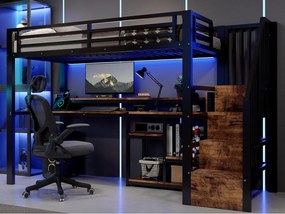 Łóżko antresola 90 x 200 cm - Z przegrodami do przechowywania - Z portami USB + Type-C - Z taśmą świetlną LED - Czarny (materac nie w zestawie)
