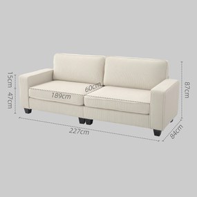 HOMCOM 3-osobowa Sofa z Pokryciem z Kordu, Sofa do Salonu ze Sprężynami, do 400 kg, 227 x 84 x 87 cm, Kremowa
