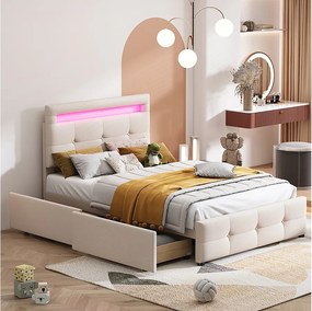 Łóżko pojedyncze 90x200cm z tkaniny lnianej z LED i 2 szufladami - Beżowe