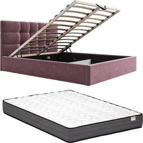 Łóżko ze skrzynią 180 x 200 cm - Tkanina - Bordowy + Materac - ELIAVA