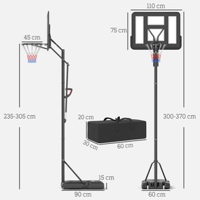 SPORTNOW Stojak na Koszykówkę, Regulowana Wysokość Kosza 235-305 cm, Podstawa na Kółkach do Wypełnienia, Czarny