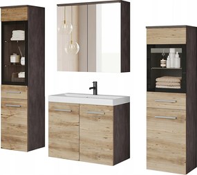 Meble łazienkowe z LED, zestaw wiszący do łazienki z umywalką, 2 słupkami i szafką lustrzaną, korpus antracyt, fronty kasztan