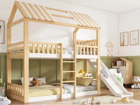 Łóżko piętrowe 90x200 cm - z drabiną i zjeżdżalnią - z półkami i barierkami - Biały + Naturalny​ (bez materaca)