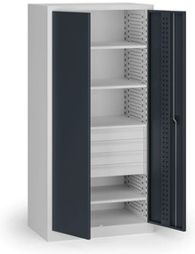 Szafa warsztatowa na narzędzia KOVOS, 4 półki, 4 szuflady, perforowana, 950 x 600 x 1950 mm, grafitowy