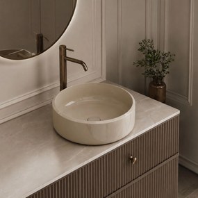 Massi Umywalka z konglomeratu nablatowa okrągła beżowa błyszcząca 40 cm RONA Beige Glow