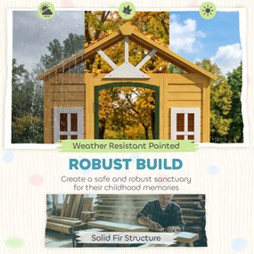 AIYAPLAY Drewniany domek ogrodowy dla dzieci z drzwiami, 3 oknami i 2 skrzynkami na kwiaty, dla dzieci w wieku 3-8 lat, 134,5 x 97 x 150 cm, brązowy | Aosom PL