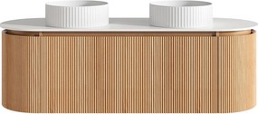 Wisząca szafka łazienkowa prążkowana z podwójną okrągłą umywalką nablatową prążkowaną – Jasny naturalny - szer. 150 cm - LILIKO