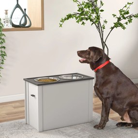 PawHut Stacja do karmienia zwierząt Podwyższone miski 1 Przechowywanie 2 Miski ze stali nierdzewnej, 60 x 30 x 42cm, Biało-Szary