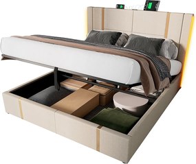 Łóżko z pojemnikiem 160x200 cm tapicerowane tkaniną lnianą - z LED i funkcją ładowania - z stelażem na listwach - Beżowe