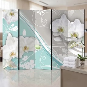 Parawan pokojowy 5-częściowy 225x172 Dwustronny dekoracyjny glamour romantyczny Szary Białe Orchidee Z Rosą