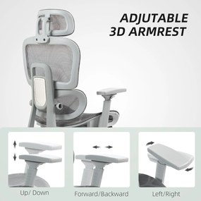 HOMCOM Krzesło biurowe, Ergonomiczne krzesło do biurka z tapicerką z siatki, regulowane, na kółkach, z podłokietnikami, zagłówkiem, Szary