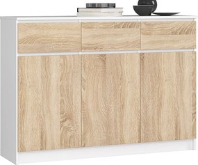 Komoda AKORD K140 Biała 138 cm 3 drzwi 3 szuflady kolor Dąb Sonoma mat 6 półek 138x40x99 cm