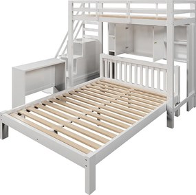 Łóżko piętrowe dla dzieci 90x200 cm + 140x200 cm - z schodami do przechowywania i ruchomym biurkiem - z drewna litego i MDF - Białe