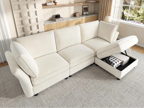 Modułowa sofa narożna 4-osobowa z pufą ze schowkiem, sofa „Efekt Chmury” z miękkiej szenili, ergonomiczny design z 2 poduszkami - beżowy