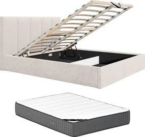 Łóżko ze skrzynią 140 x 190 cm z zagłówkiem z pionowymi szwami - Tkanina - Beżowe - Z materacem - KILACLO