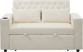 Sofa rozkładana z uchwytami na kubki i półkami, portami USB - beżowa tkanina szenilowa