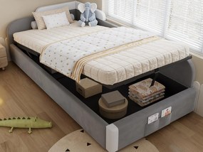 Łóżko dziecięce z pojemnikiem 90×200 cm - Torba do przechowywania - prawa barierka - ze stelażem listwowym - aksamit + sklejka - Szare