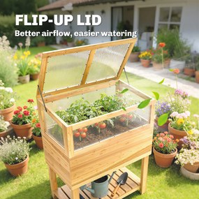 Outsunny Podwyższona grządka z inspektem z drewna, podwyższony doniczkowiec z otwieraną pokrywą, półką, włókniną, ergonomiczny | Aosom PL