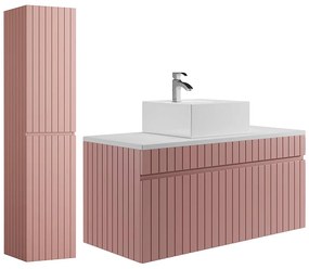 Wisząca szafka łazienkowa w kolorze różowym z prążkowaną fakturą, z umywalką nablatową i słupkiem – 100 cm – SATARA